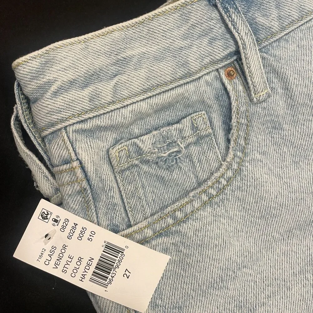 ~ NEW PacSun 27 Denim Festival Shorts Boho Acid Wash Rip Button High Waist Blue
